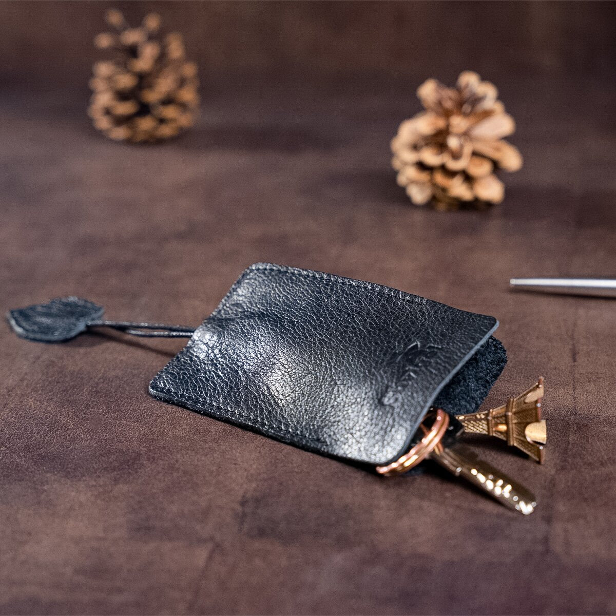 Leather Key Holder SHVIGEL 15308 Black Natural Leather Minimalist Design