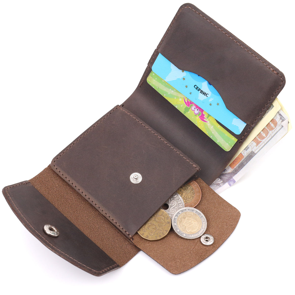 Vintage Leather Wallet SHVIGEL 16613 Brown Handmade from Natural Leather