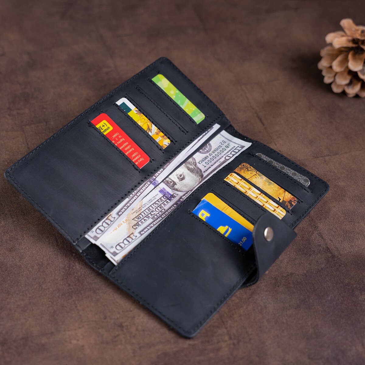 Vertical Men's Wallet by SHVIGEL 16182 in Black Vintage Leather with Button Closure
