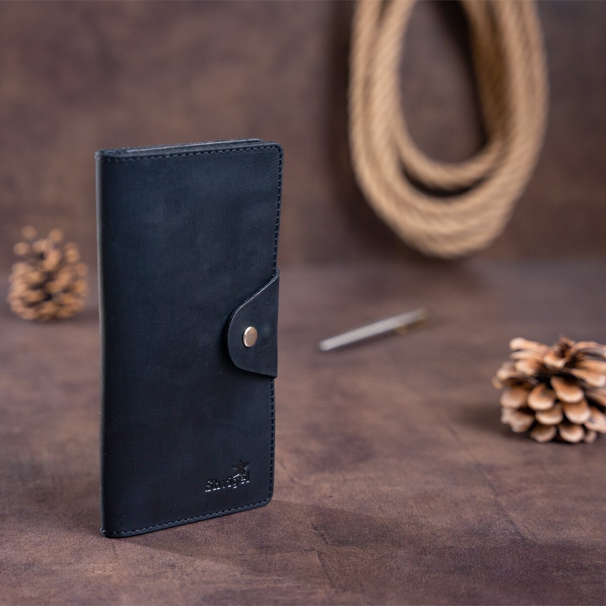 Vertical Men's Wallet by SHVIGEL 16182 in Black Vintage Leather with Button Closure
