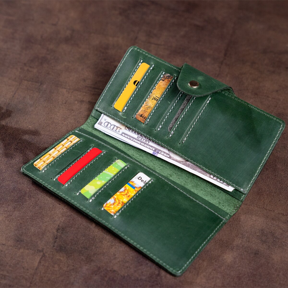 Unisex Vertical Wallet SHVIGEL 16179 Vintage Green Leather with Button Closure
