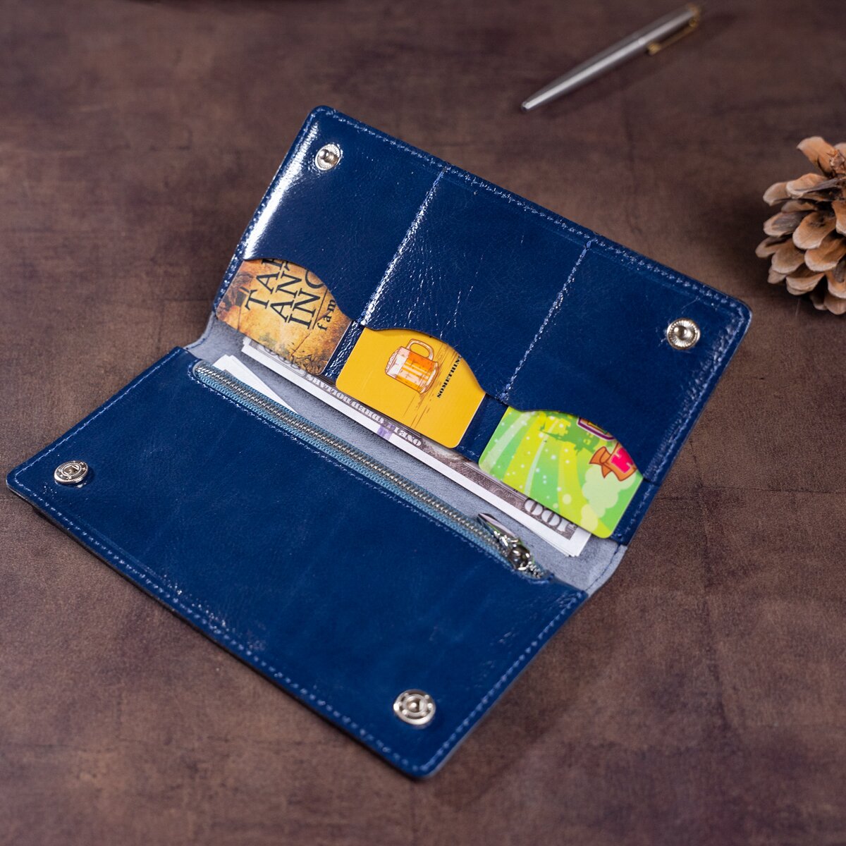 Unisex Leather Wallet with Snap Closure by SHVIGEL, Model 16192, Blue - Made in Ukraine