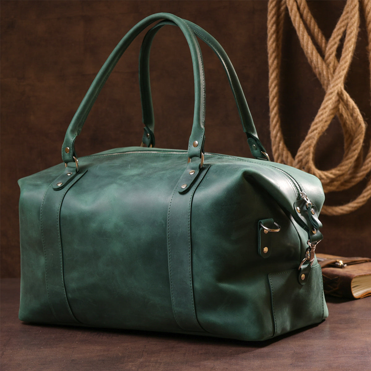Travel Bag SHVIGEL 11128 Green Natural Leather Durable Design from Ukraine