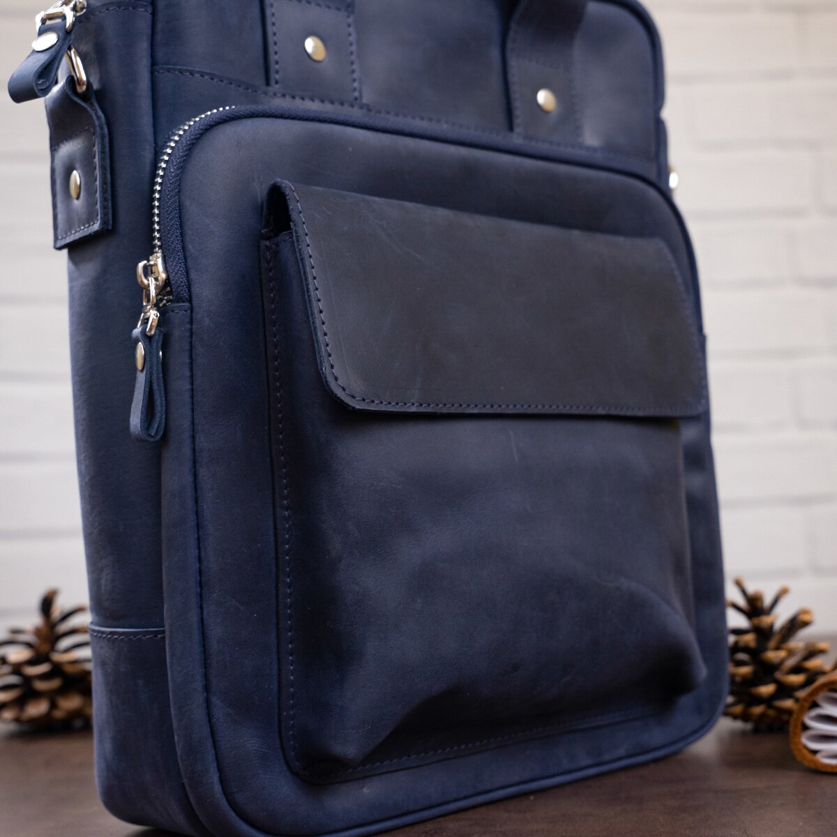 Stylish A4 Vertical Format Bag in Matte Leather by SHVIGEL, Model 11170, Blue Color