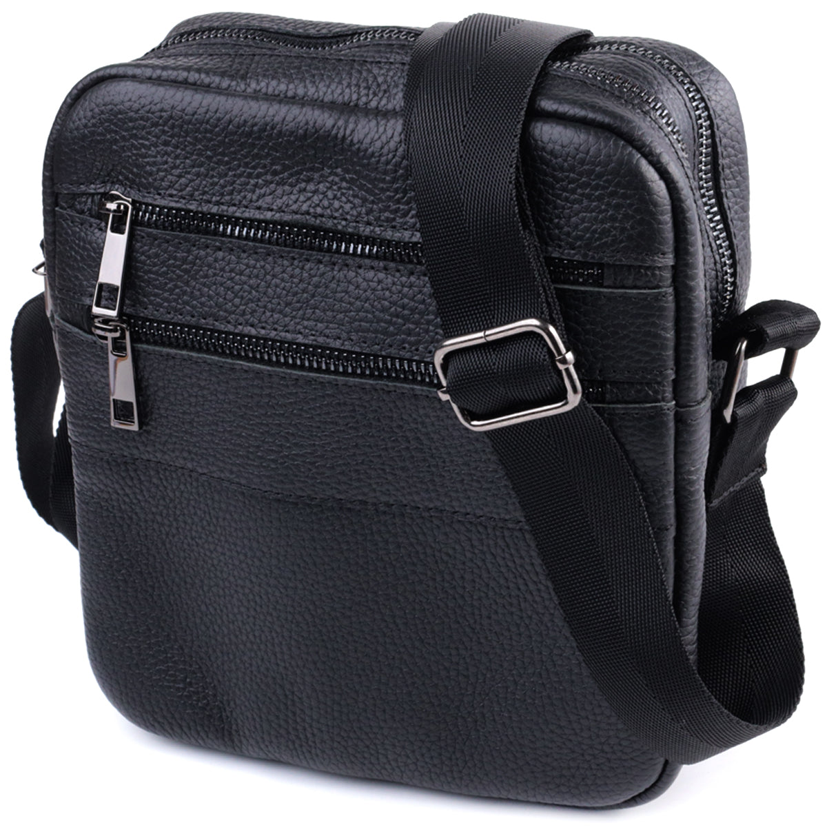 Men's Messenger Bag by SHVIGEL 22847 - Black Grain Leather - Ukrainian Craftsmanship