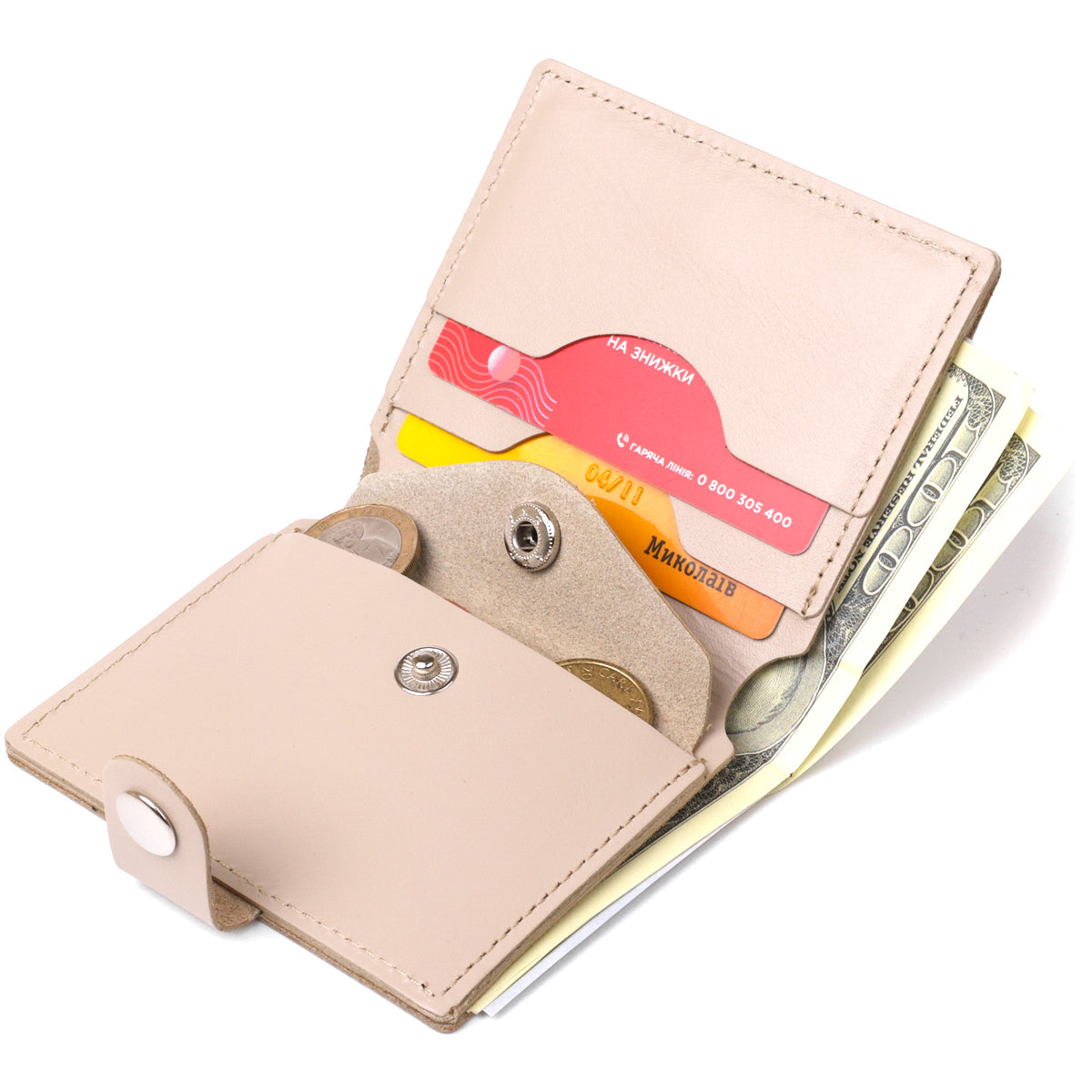 Compact Leather Wallet SHVIGEL 16489 Beige Natural Leather Handmade in Ukraine