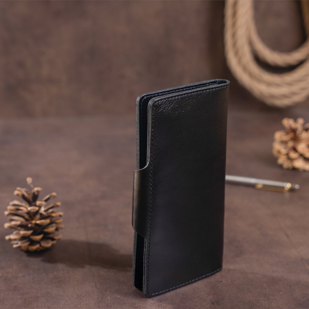 Vertical Men's Wallet SHVIGEL 16173 Black Alkor Leather with Snap Closure