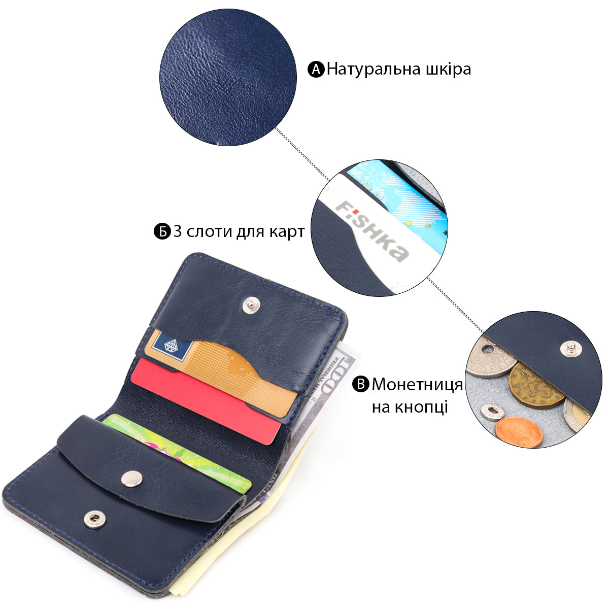 Comfortable Leather Wallet SHVIGEL 16611 Blue - Natural Leather, Ukrainian Design