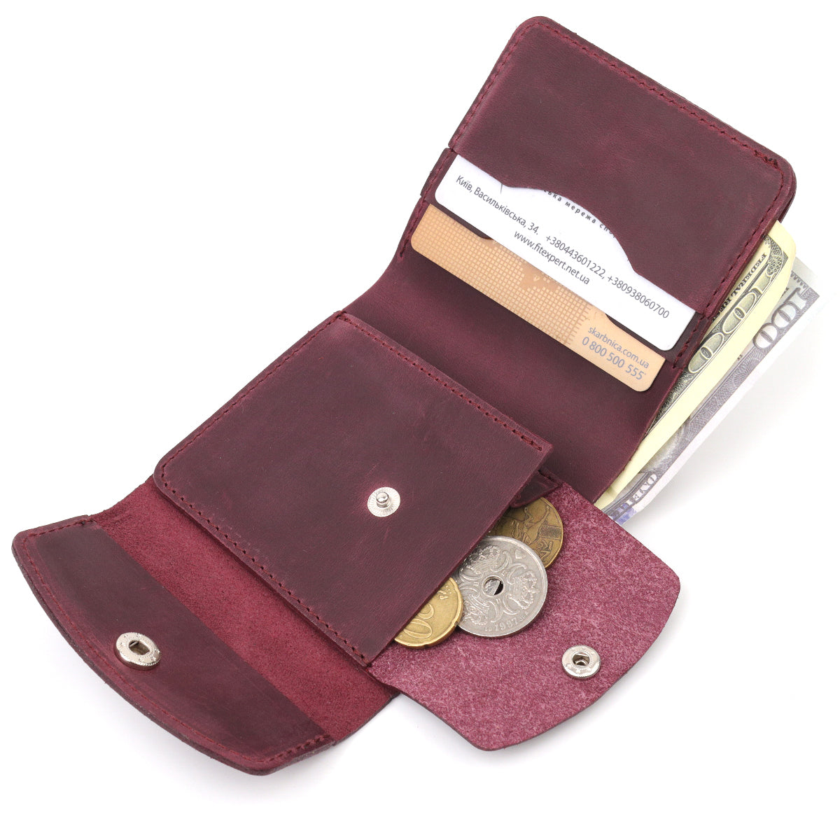 Leather Matte Wallet SHVIGEL 16616 Burgundy Natural Leather Made in Ukraine