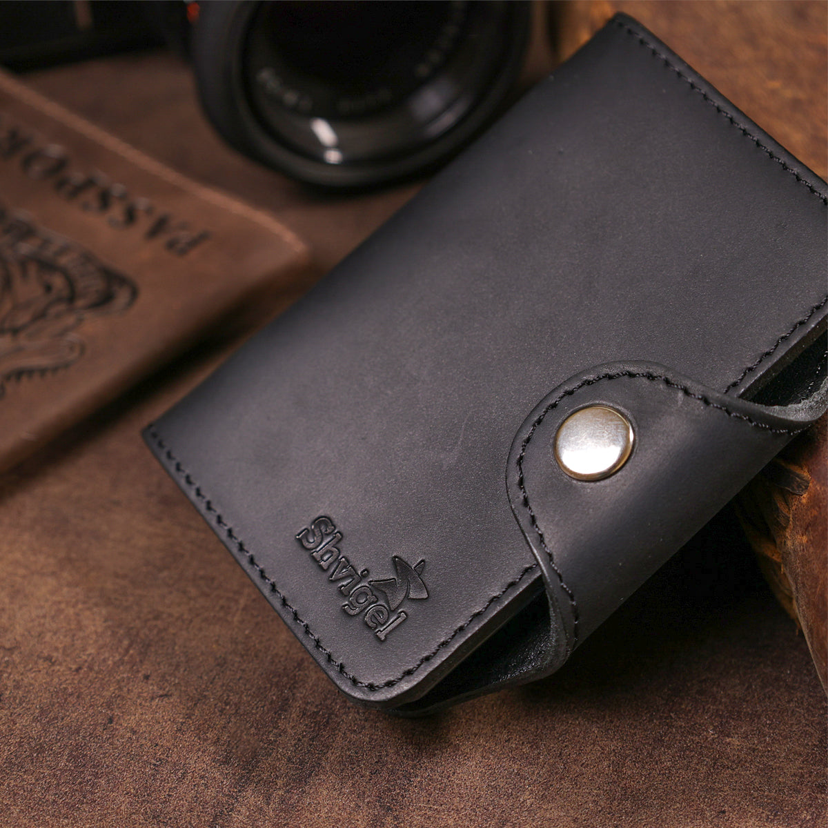 Vertical Business Card Holder SHVIGEL 13909 Leather Black for Cards, Ukrainian Craftsmanship
