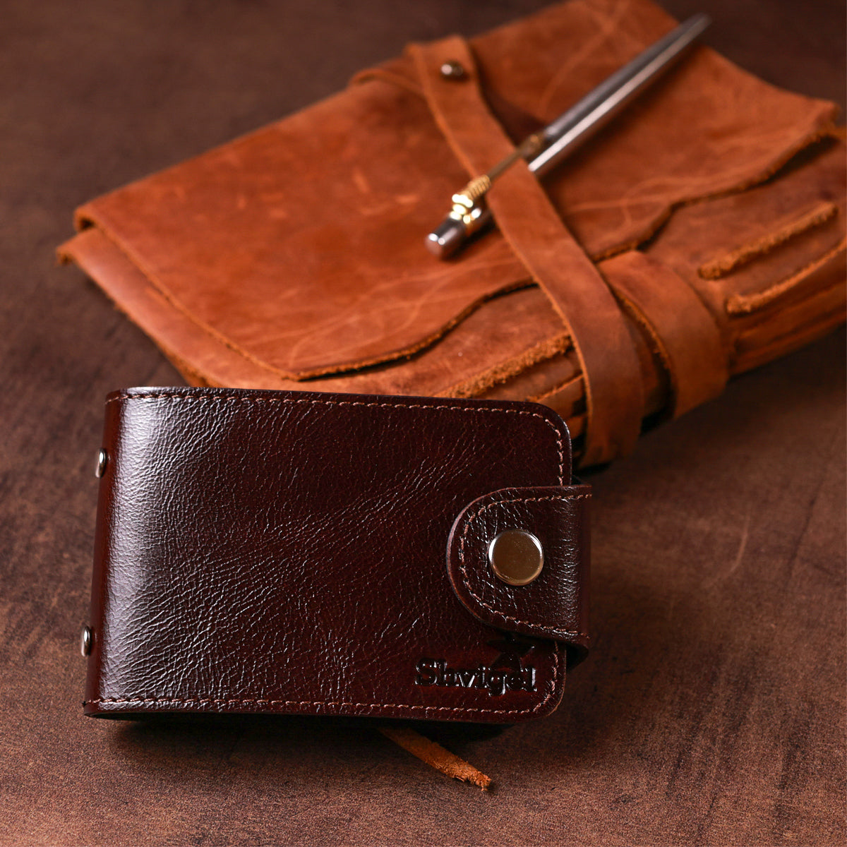 Horizontal Business Card Holder SHVIGEL 13914 Leather Brown Natural Skin Ideal for Visiting Cards