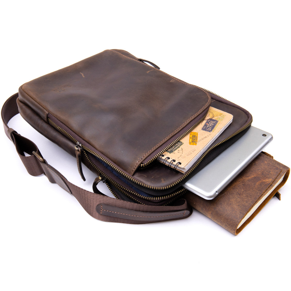 Original SHVIGEL Bag with Zippered Pocket in Matte Brown Leather 11280 - Ukrainian Craftsmanship