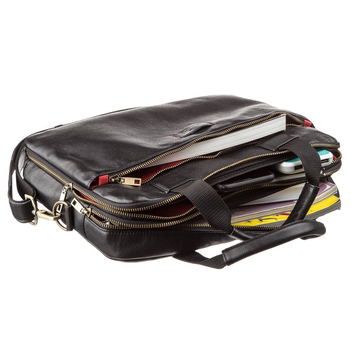 Men's Leather Laptop Bag SHVIGEL 19106 Black with Dual Compartments, Genuine Leather