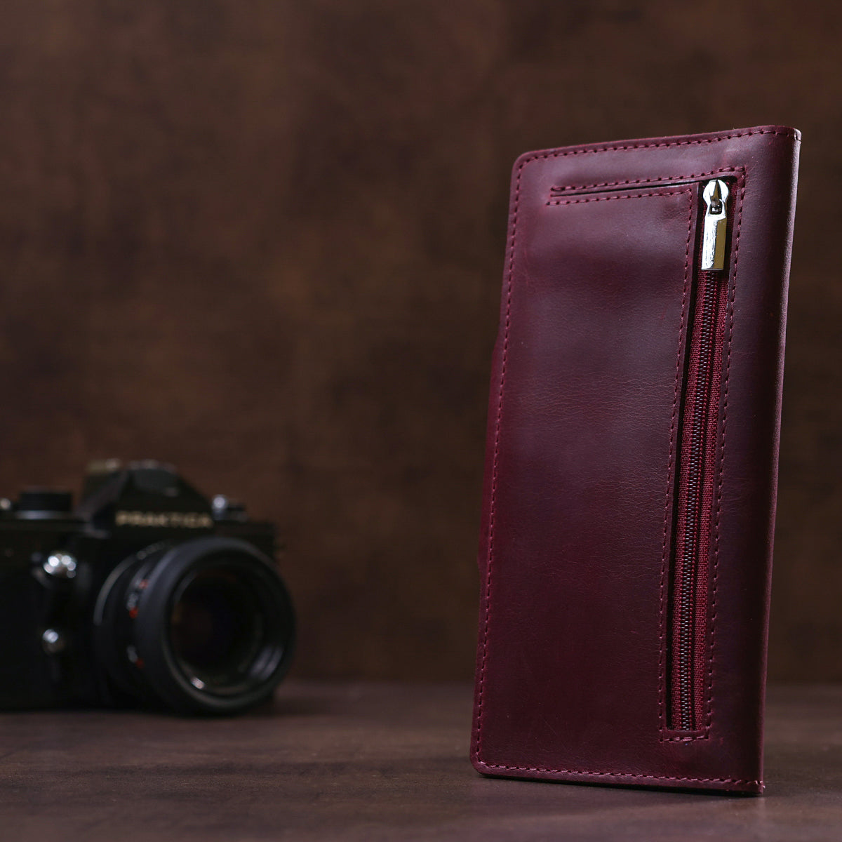 Vertical Women's Wallet SHVIGEL 16178 Vintage Leather with Buttons Burgundy, Made in Ukraine
