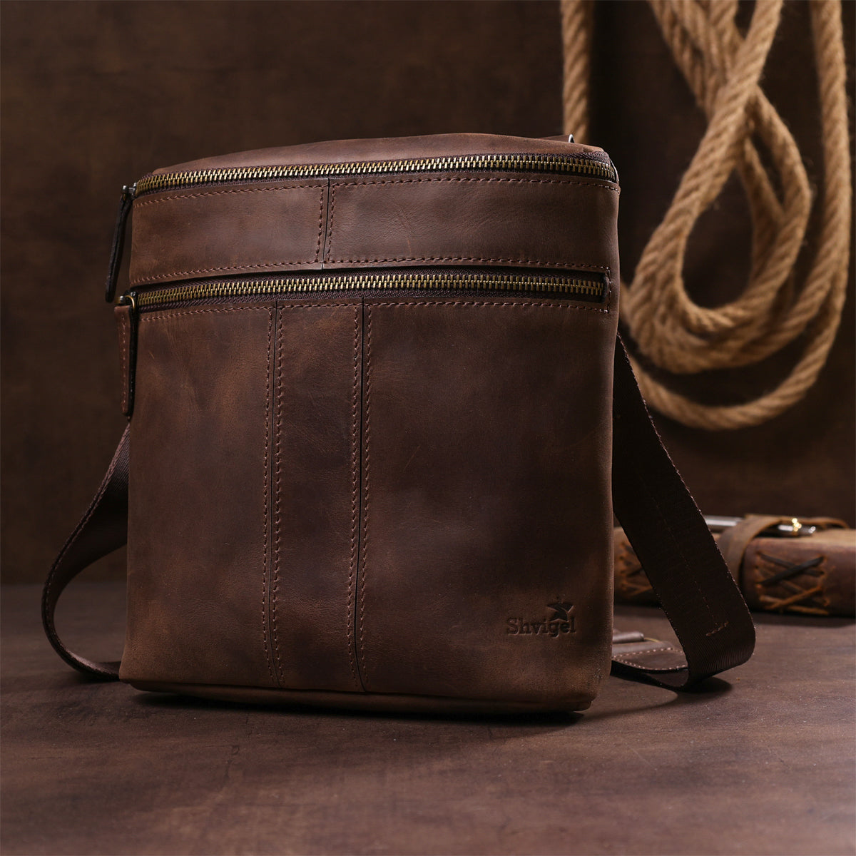 Men's Leather Bag SHVIGEL 11103 Brown Genuine Leather Made in Ukraine