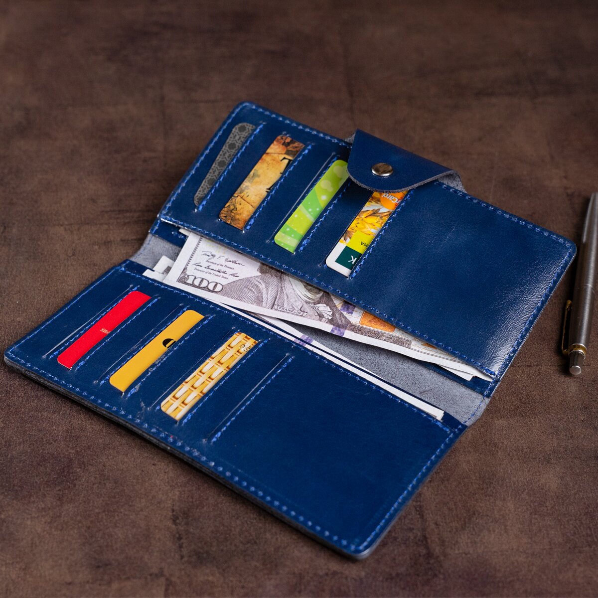 Unisex Vertical Wallet SHVIGEL 16174 Blue Alcor Leather with Snap Closure