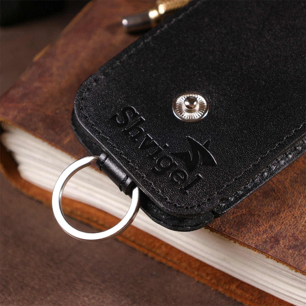 Compact Leather Key Holder with Strap SHVIGEL 13988 Black, Natural Leather, Made in Ukraine