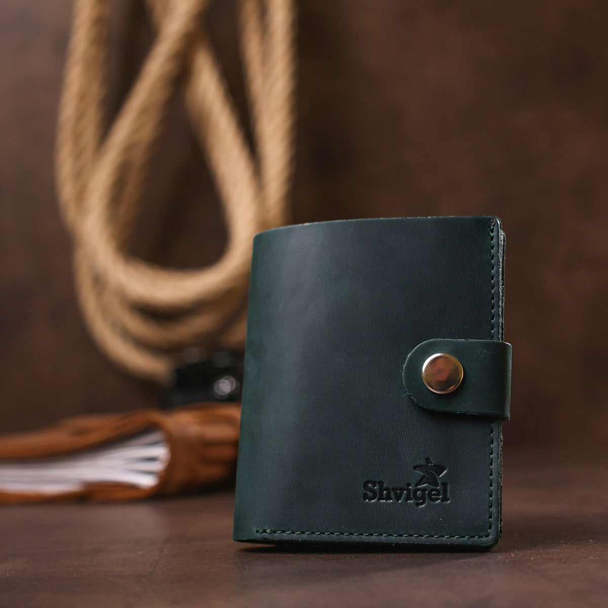 Compact Vintage Wallet SHVIGEL 16456 Green Genuine Leather from Ukraine