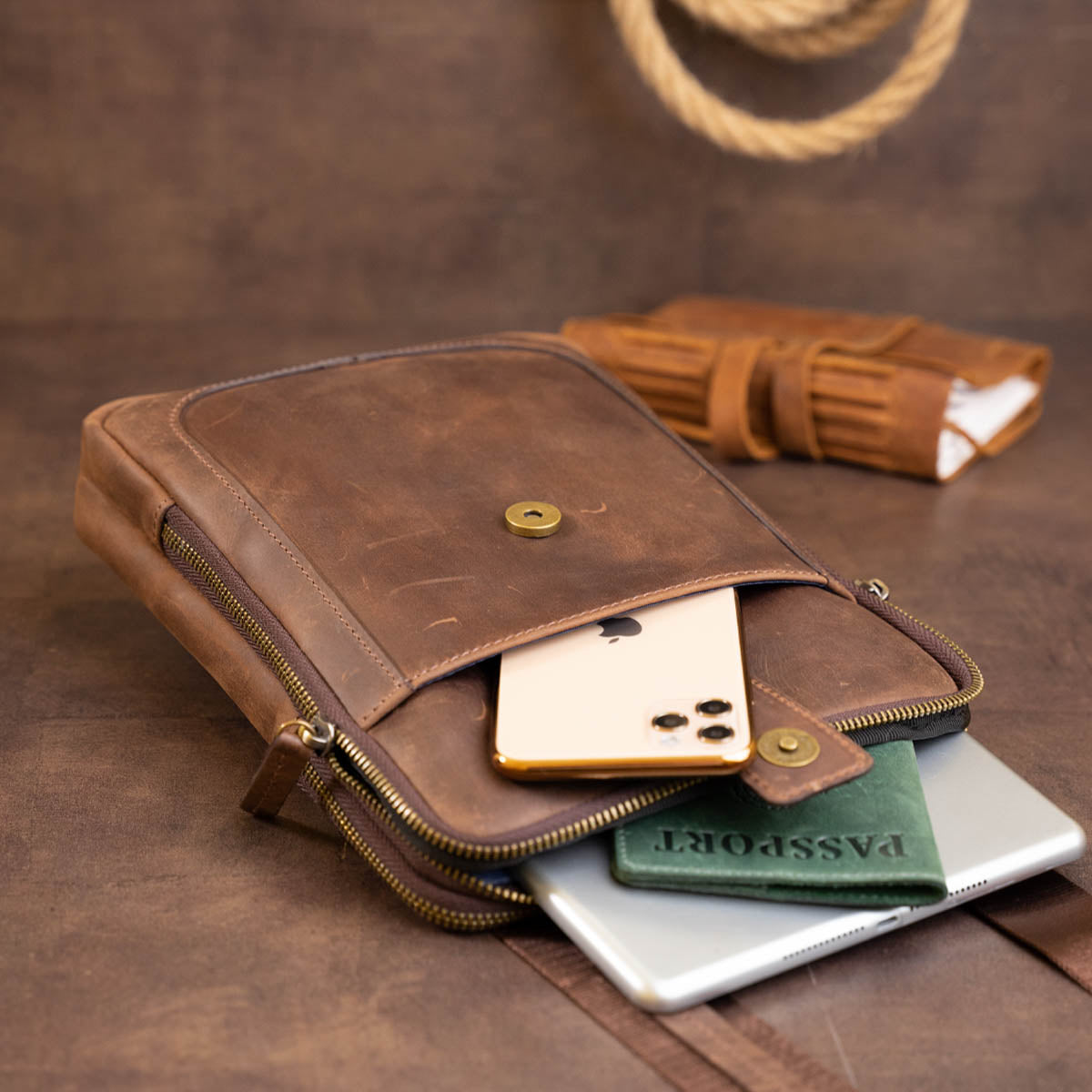 Men's Leather Tablet Bag SHVIGEL 11285 Brown with Two Compartments, Ukrainian Crafted