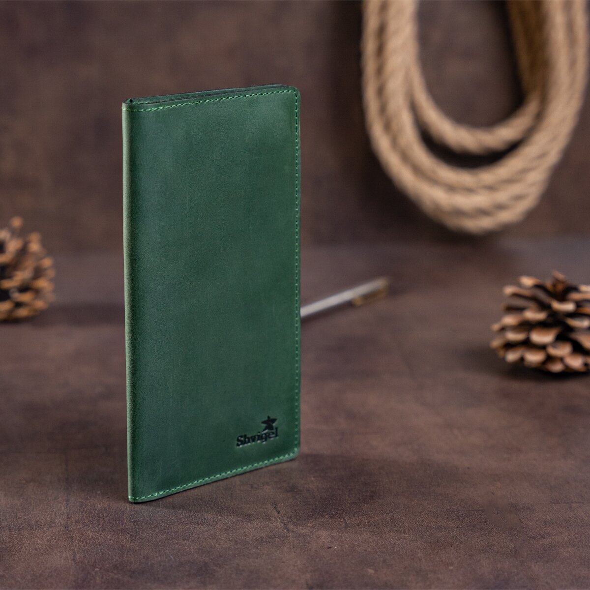 Unisex Vertical Wallet SHVIGEL 16197 Green Crazy Horse Leather Made in Ukraine