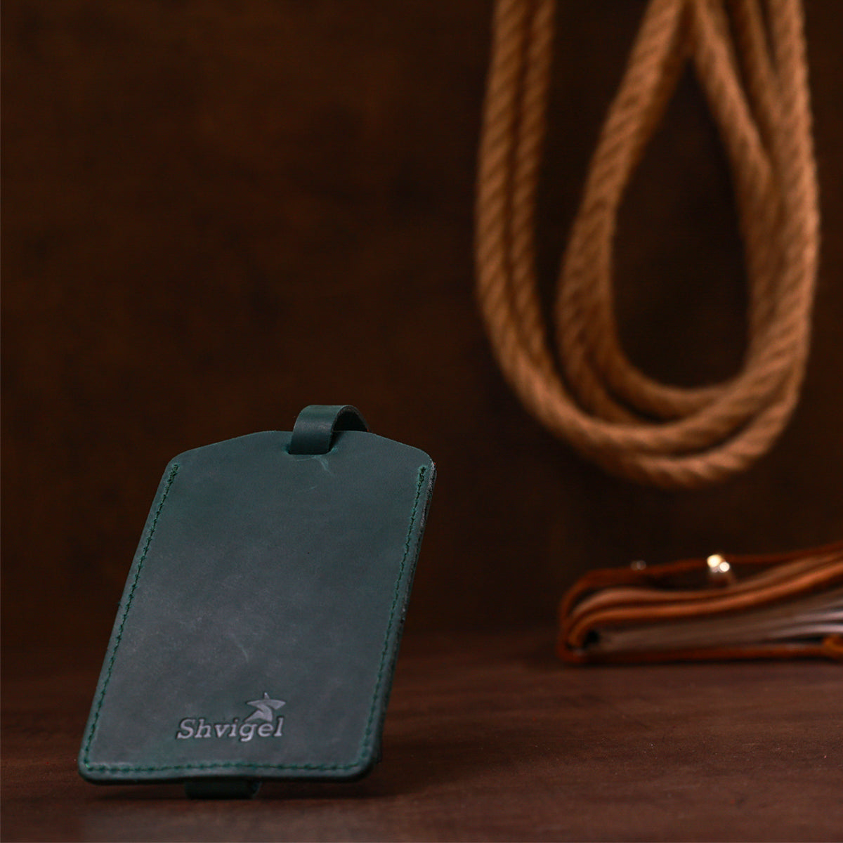 Matte Leather Luggage Tag SHVIGEL 16557 Green Natural Leather for Travel