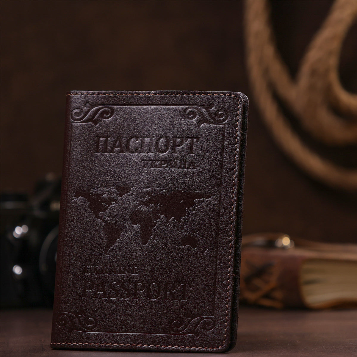 Leather Passport Holder with Card and Frame SHVIGEL 13983 Brown Natural Leather for Passport from Ukraine