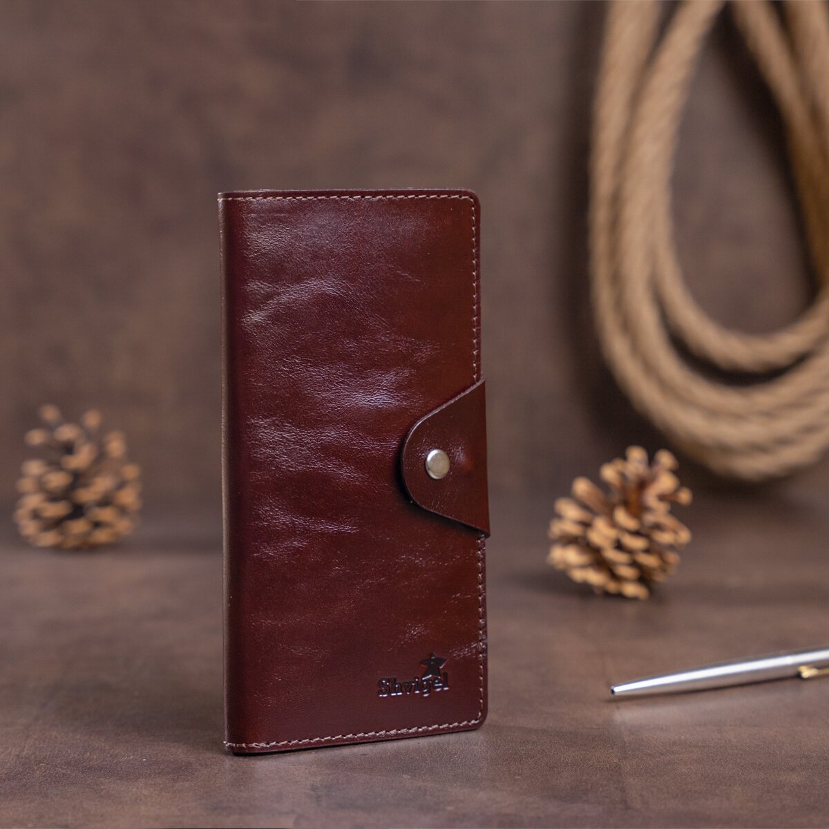 Vertical Wallet SHVIGEL 16171 Brown Alcor Leather with Snap Closure, Ukraine Made