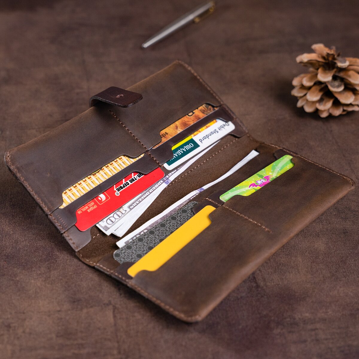 Men's Vintage Leather Wallet SHVIGEL 16207 Dark Brown Made in Ukraine Natural Leather