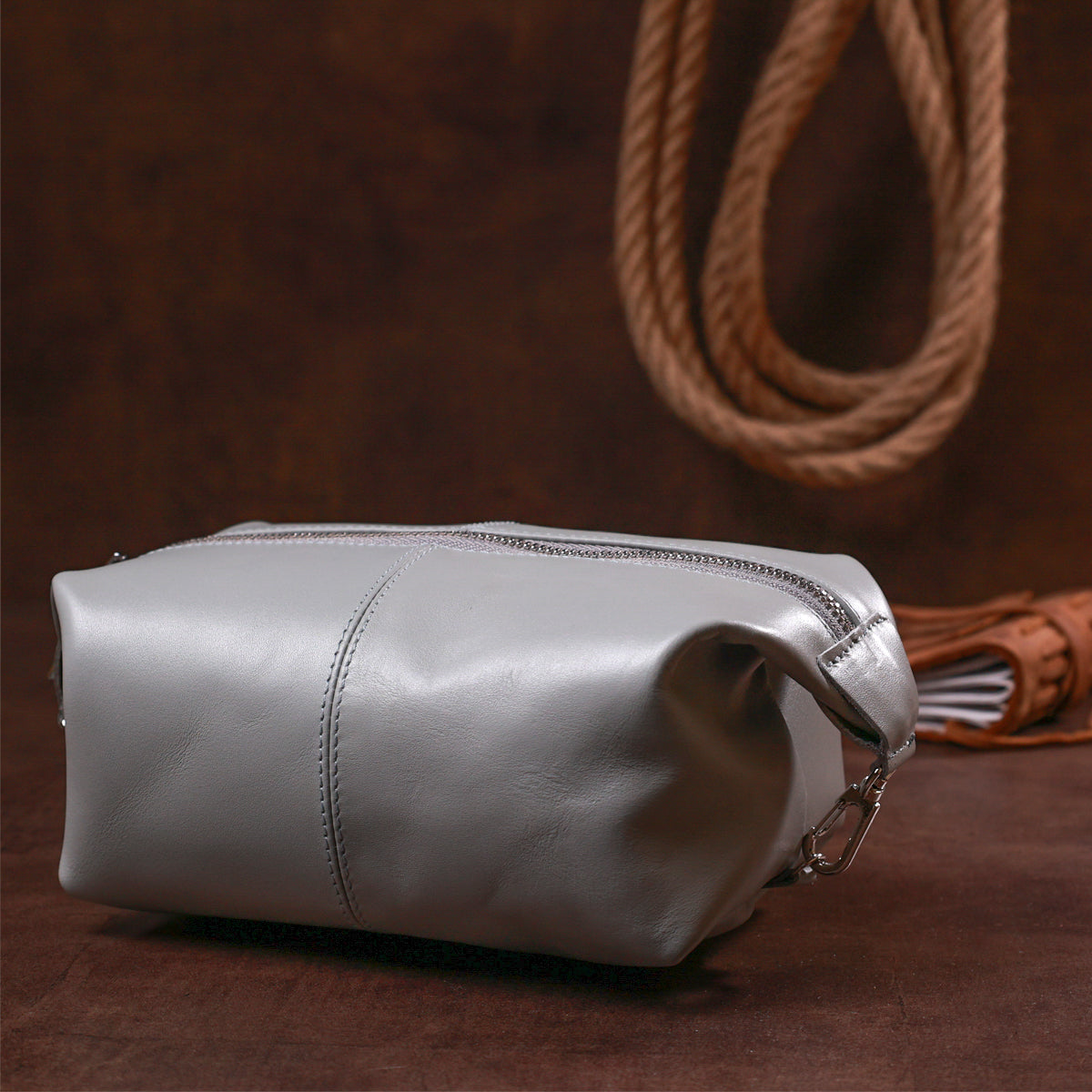 Practical Leather Cosmetic Bag SHVIGEL 16404 Gray Natural Leather Material