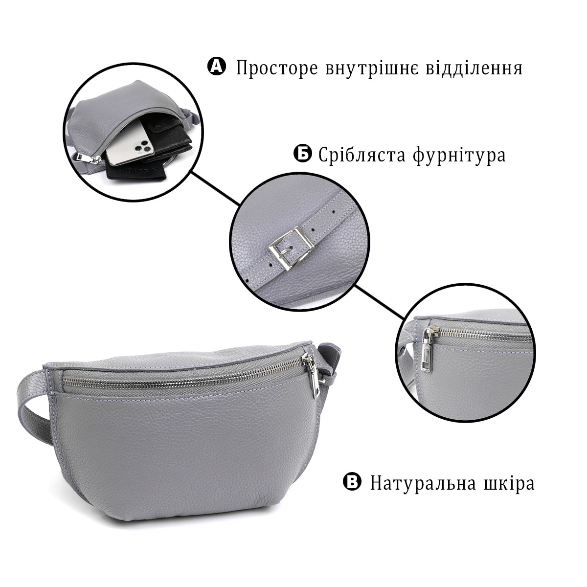 Original Women's Leather Banana Bag SHVIGEL 16379 Grey Natural Leather Stylish Design