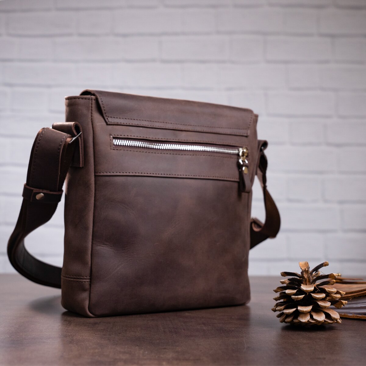 Leather Messenger Bag SHVIGEL 00884 Brown Natural Leather Made in Ukraine