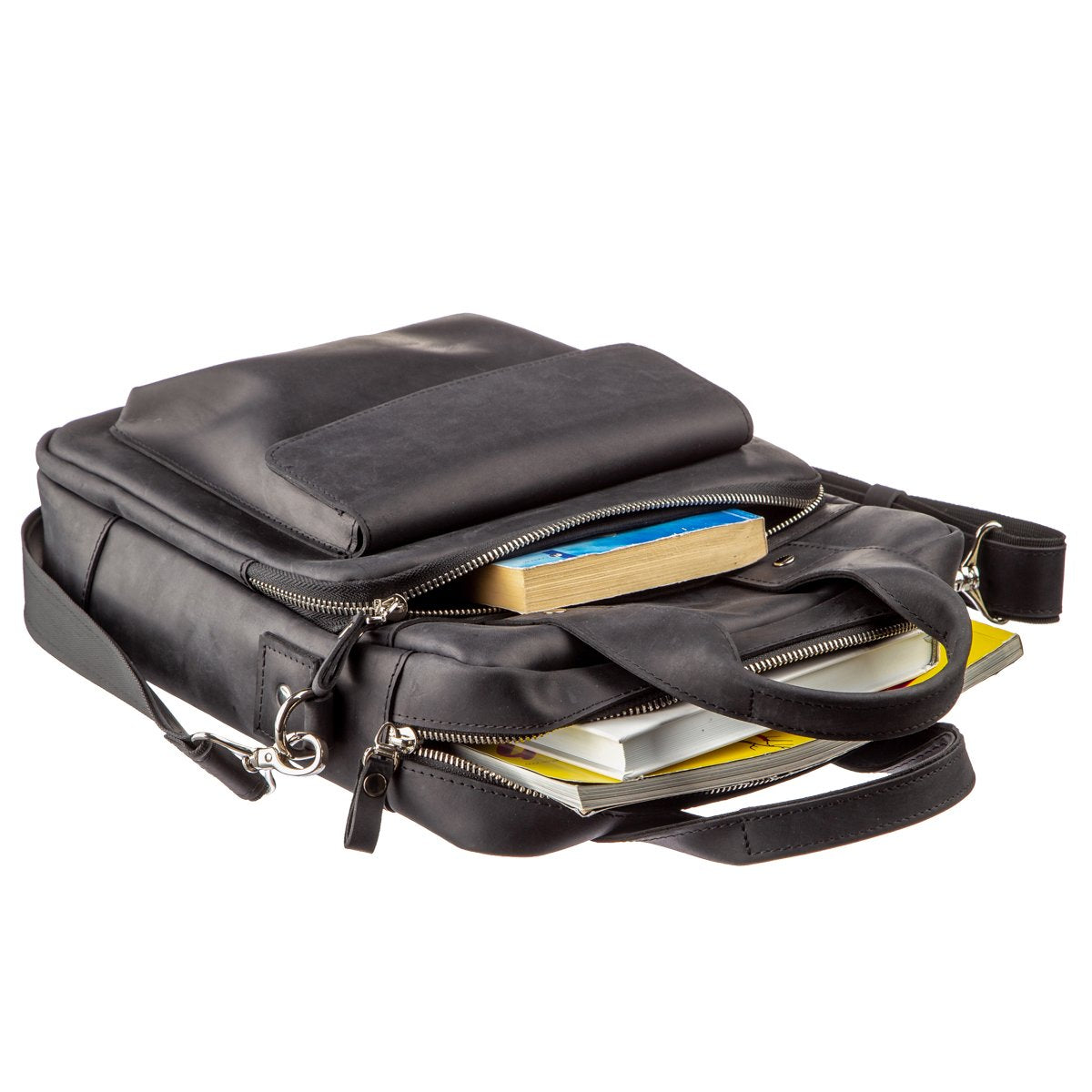 Vertical Men's Bag SHVIGEL 11169 A4 Size Black Matte Natural Leather