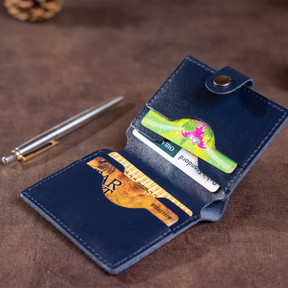 Vertical Men's Leather Wallet SHVIGEL 16220 Blue Natural Leather Made in Ukraine