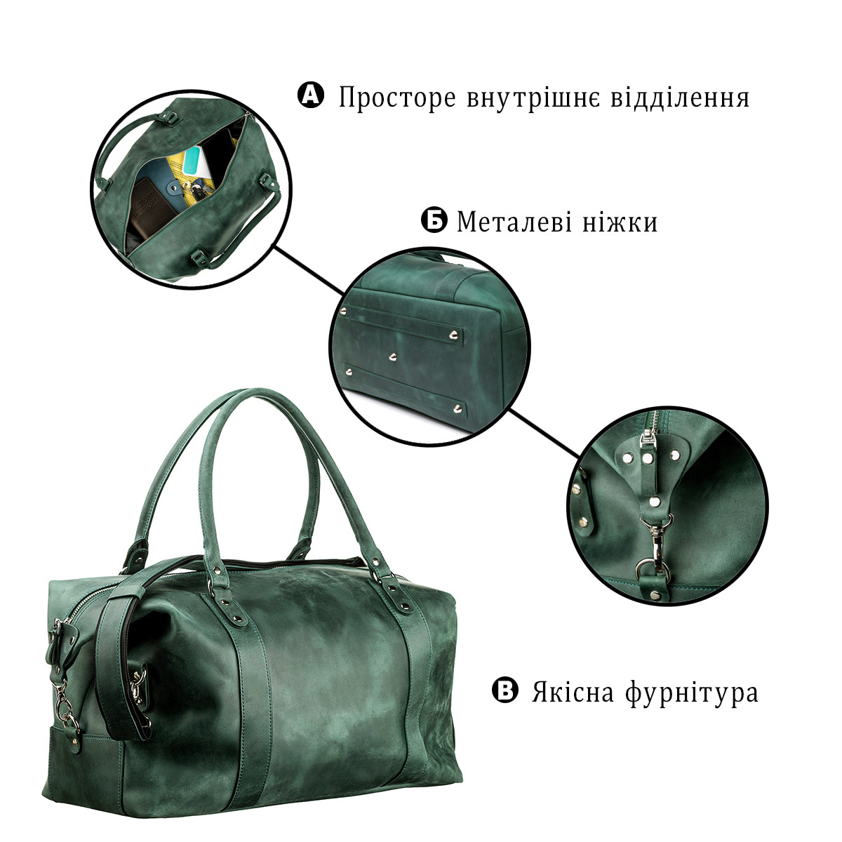 Travel Bag SHVIGEL 11128 Green Natural Leather Durable Design from Ukraine