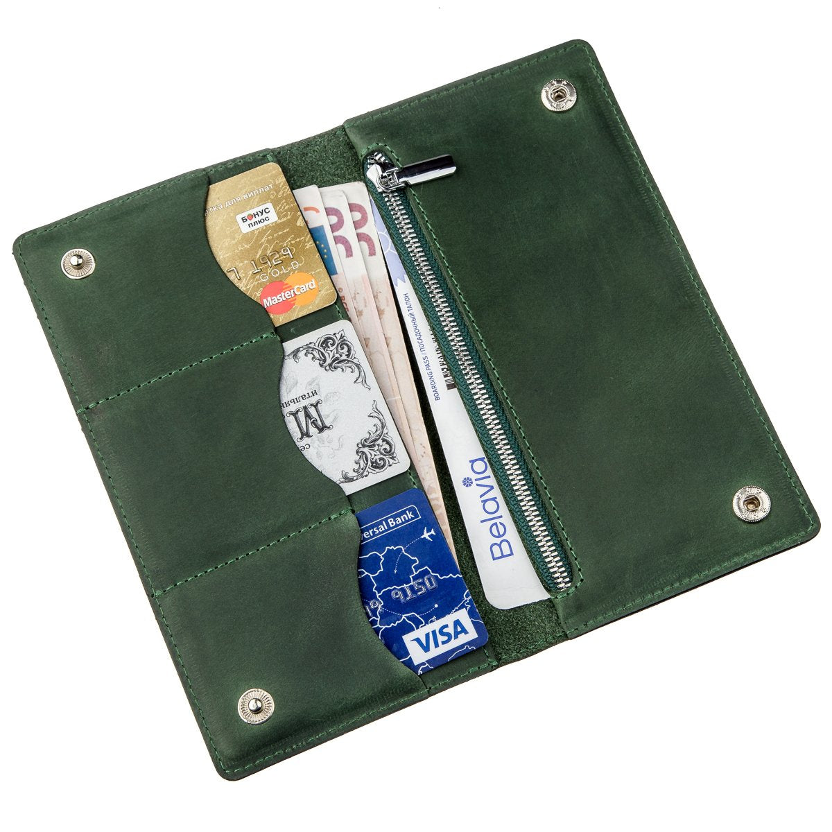 Unisex Vertical Wallet SHVIGEL 16197 Green Crazy Horse Leather Made in Ukraine