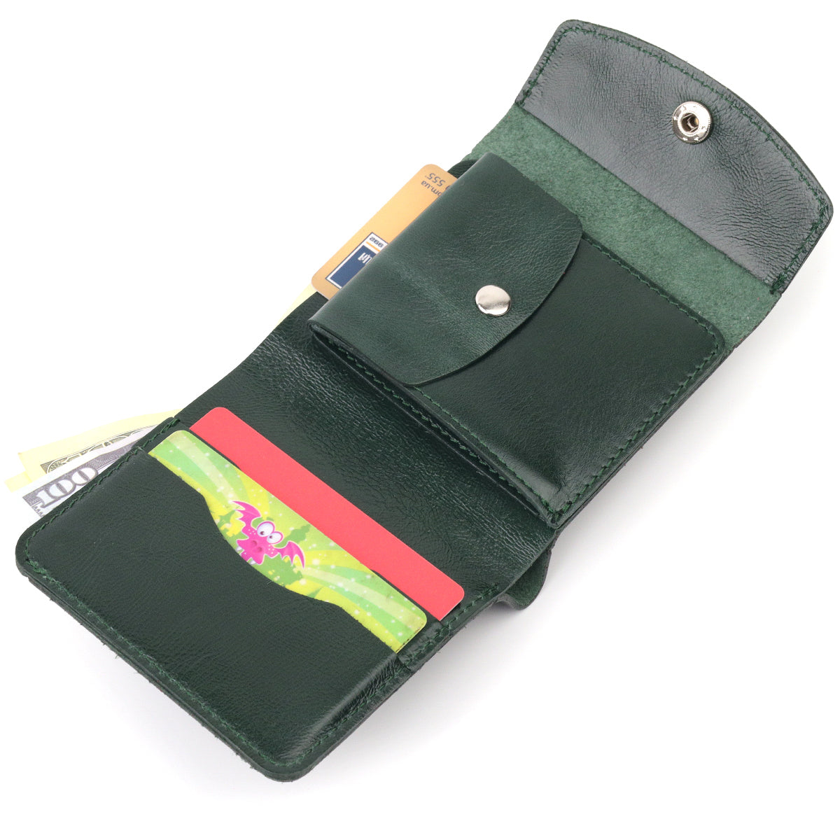 Universal Leather Wallet SHVIGEL 16619 Green Made in Ukraine, Genuine Leather