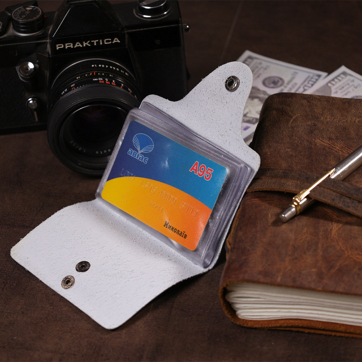 Vertical Leather Business Card Holder SHVIGEL 19080 Grey Natural Leather for Cards