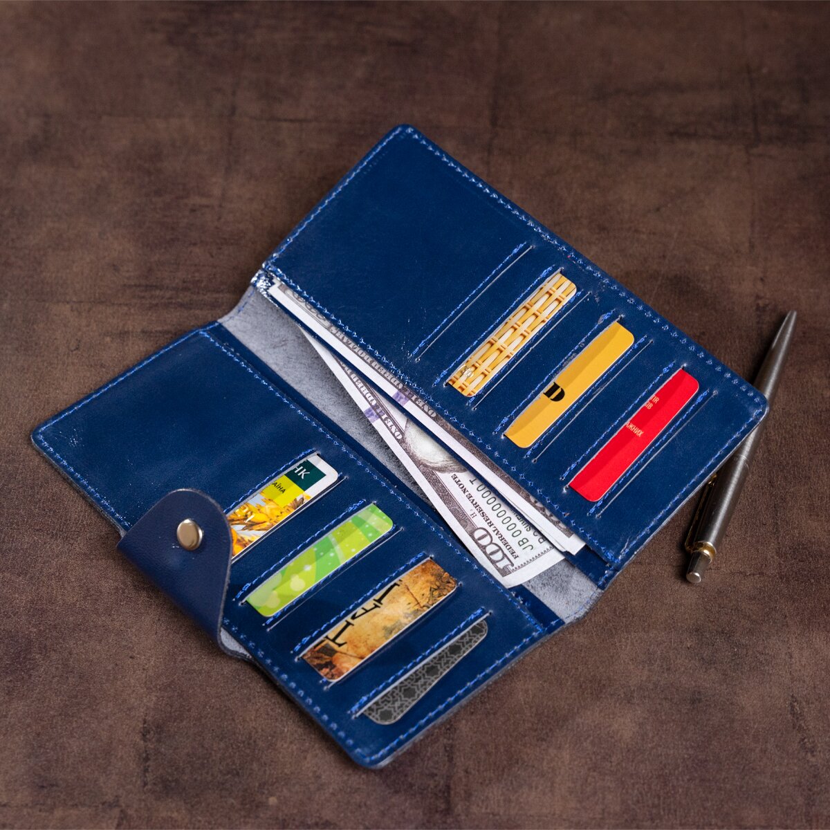 Unisex Vertical Wallet SHVIGEL 16174 Blue Alcor Leather with Snap Closure