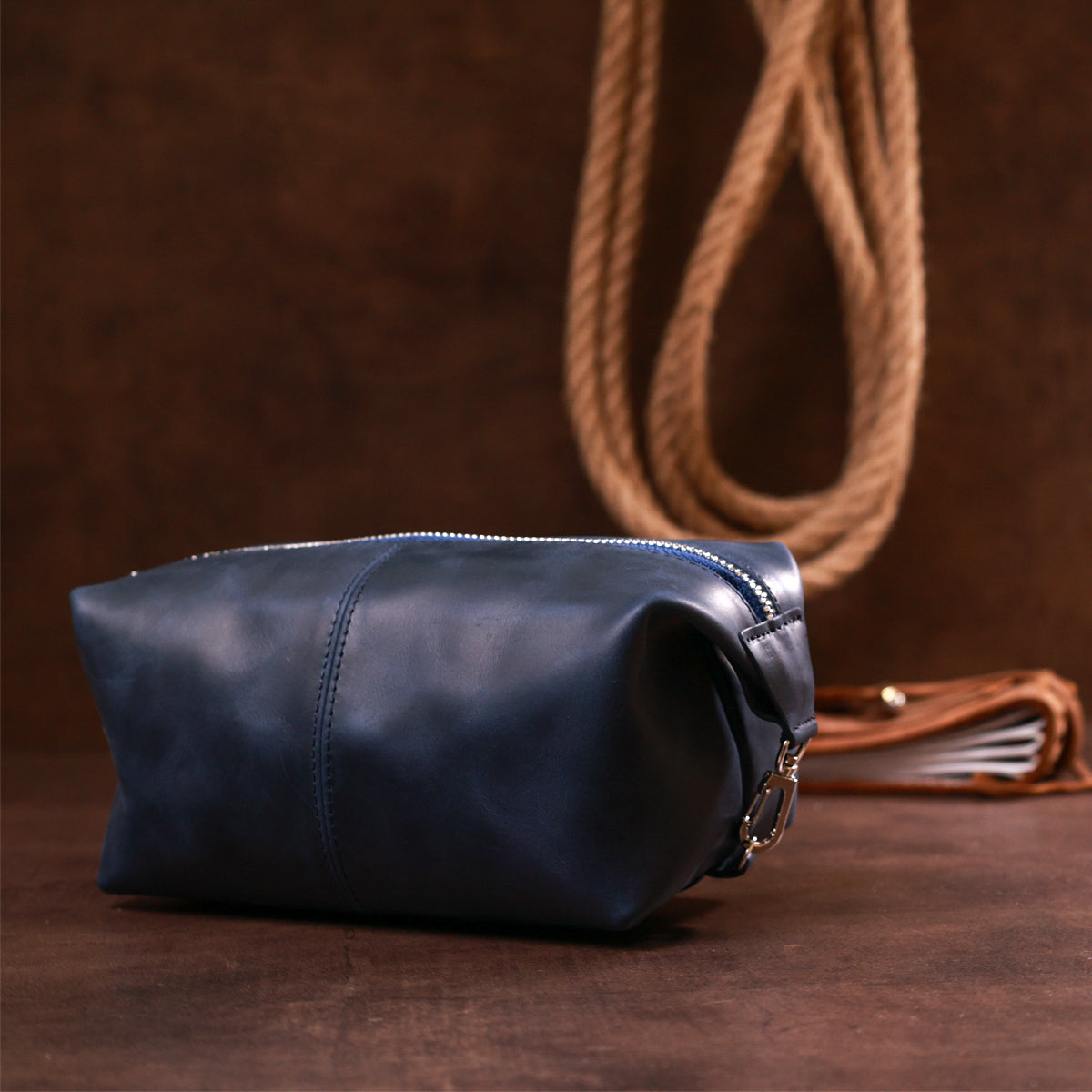 Premium Leather Cosmetic Bag SHVIGEL 16401 Blue - Made in Ukraine with Natural Leather