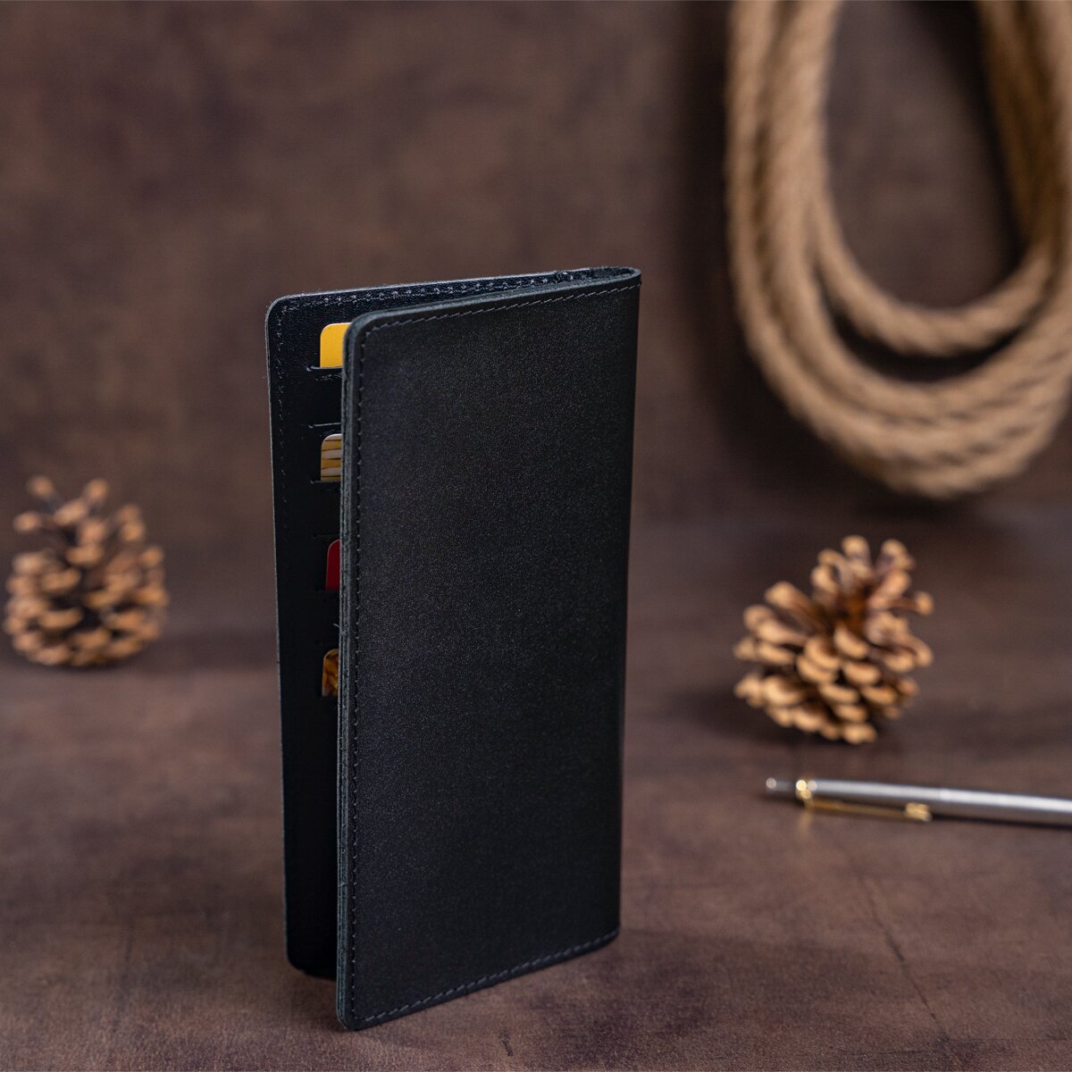 Vertical Leather Wallet SHVIGEL 13991 Black Genuine Leather with Slim Design