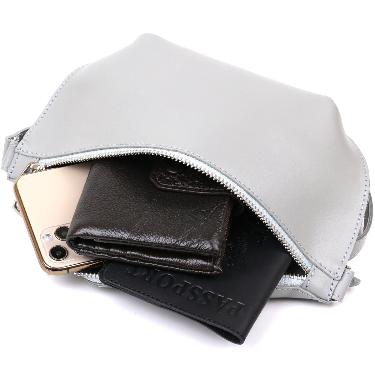 Women's Banana Bag SHVIGEL 16389 Grey Genuine Leather Crafted in Ukraine