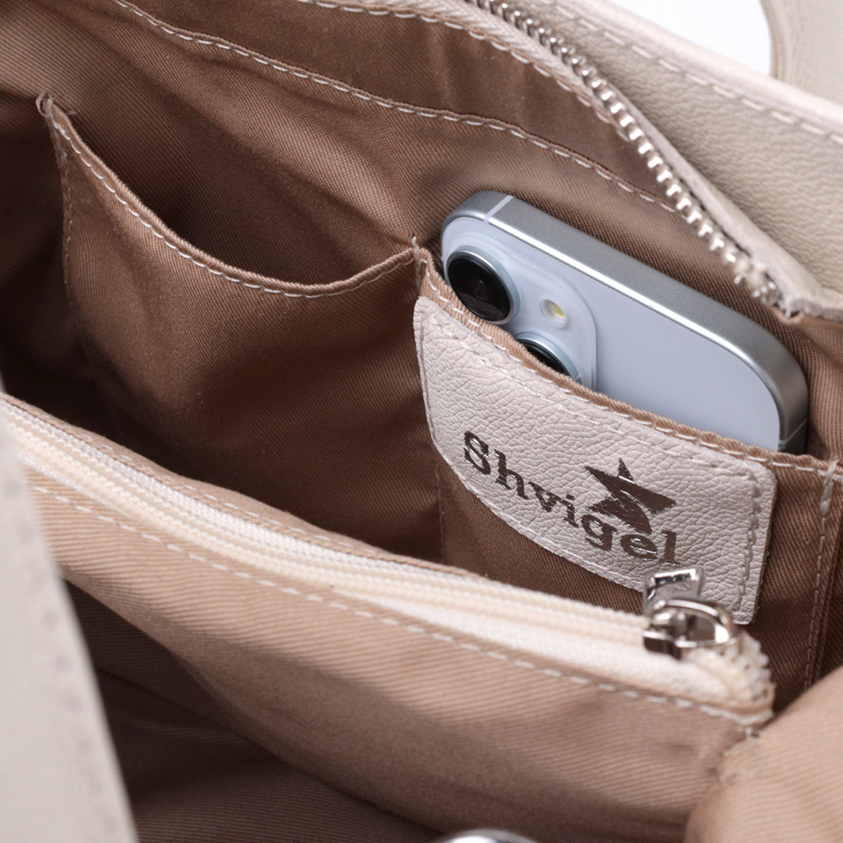 Stylish SHVIGEL Business Women's Leather Bag with Two Handles, Beige, Model 22830