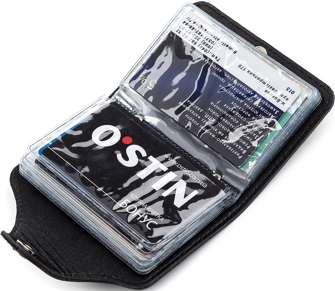 Vertical Holder SHVIGEL 13911 Leather Black for Business Cards - Handmade in Ukraine