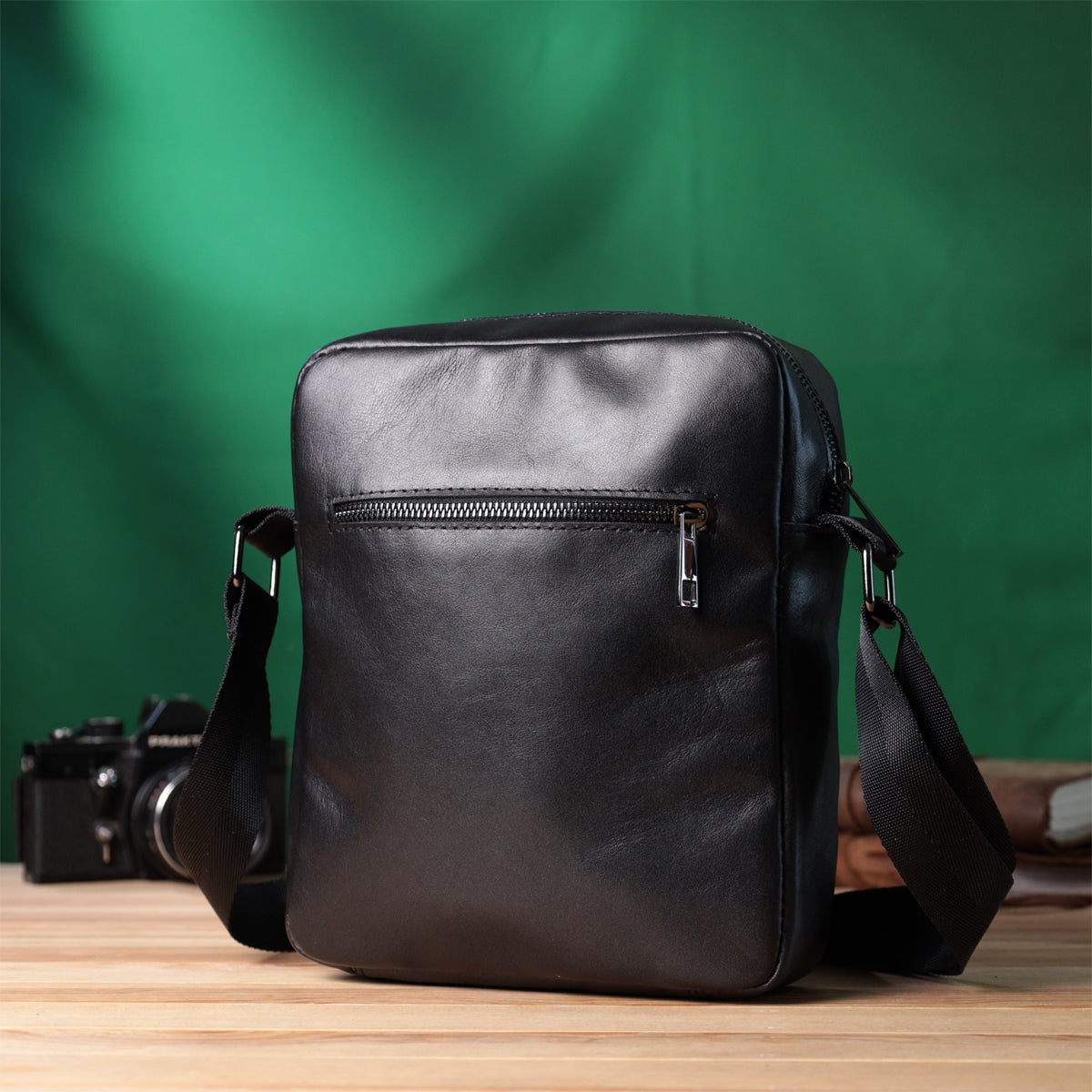 Adjustable Crossbody Bag SHVIGEL 22849 Black Glossy Genuine Leather for Men