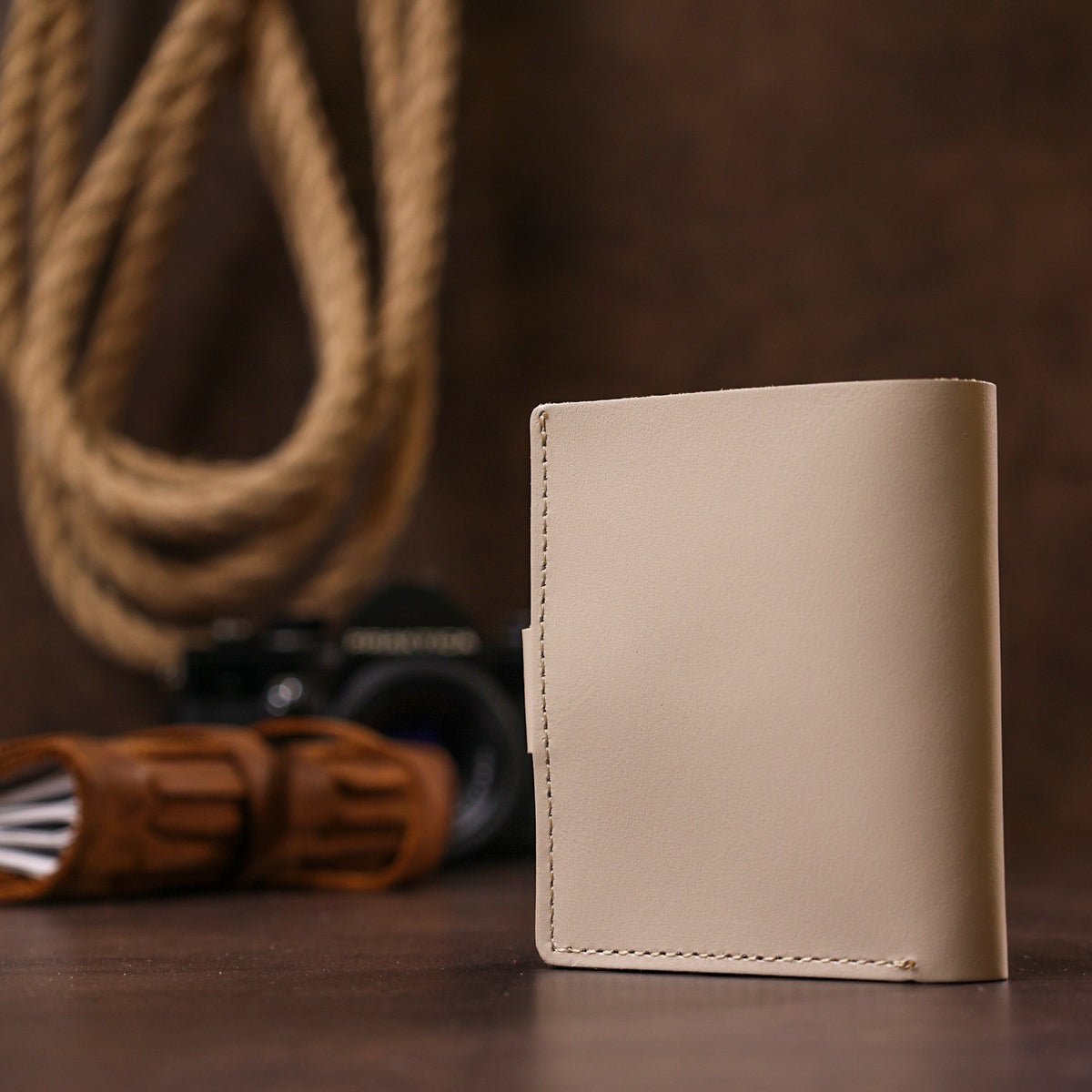 Compact Leather Wallet SHVIGEL 16489 Beige Natural Leather Handmade in Ukraine