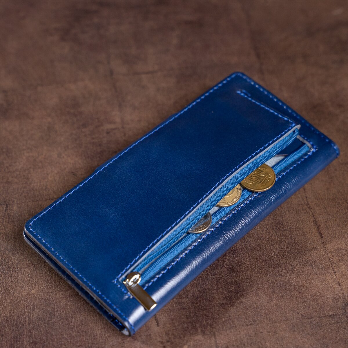 Unisex Vertical Wallet SHVIGEL 16174 Blue Alcor Leather with Snap Closure