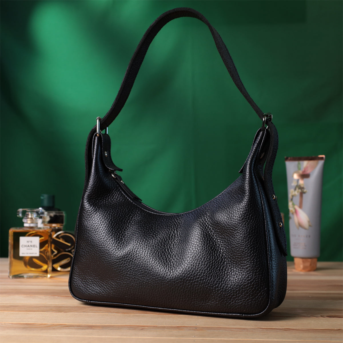 Baguette Bag SHVIGEL 22833 Black Grainy Genuine Leather with Adjustable Strap
