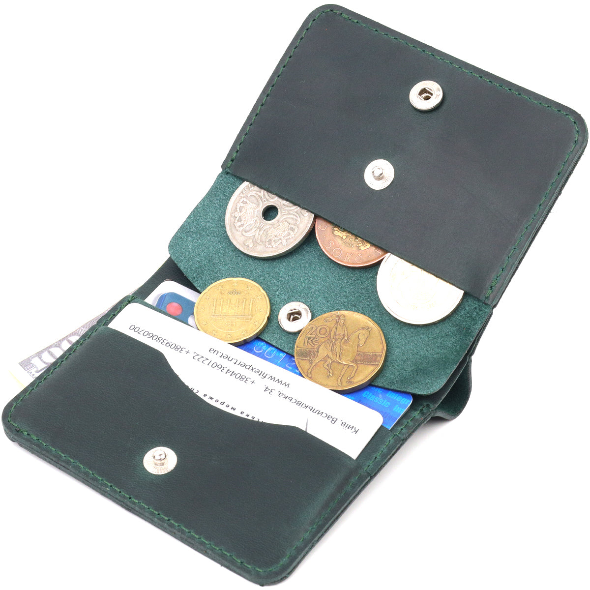 Vintage Leather Wallet SHVIGEL 16603 Green - Handmade in Ukraine, Genuine Leather