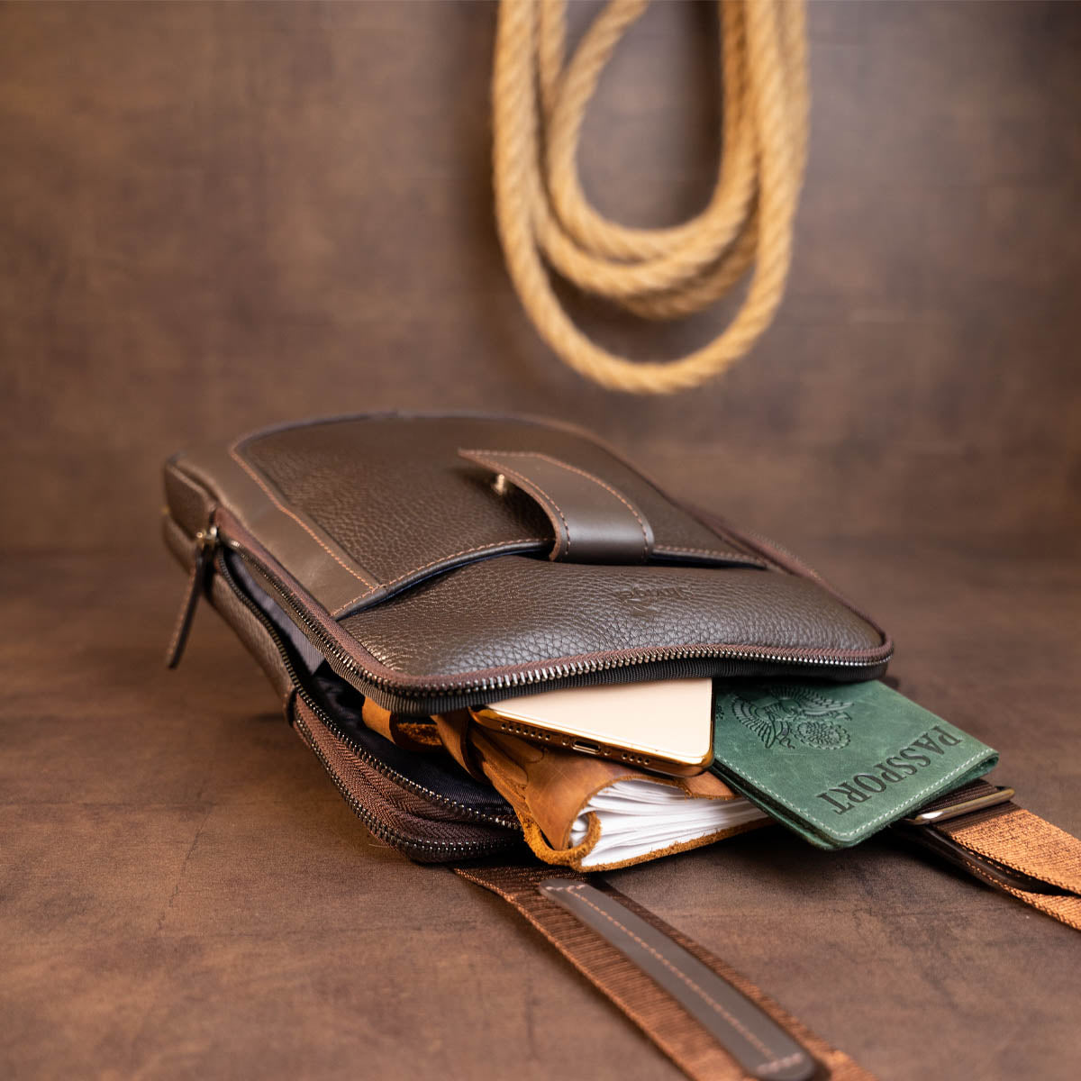 Men's Leather Flotar Tablet Bag SHVIGEL 11286 Brown with Two Compartments