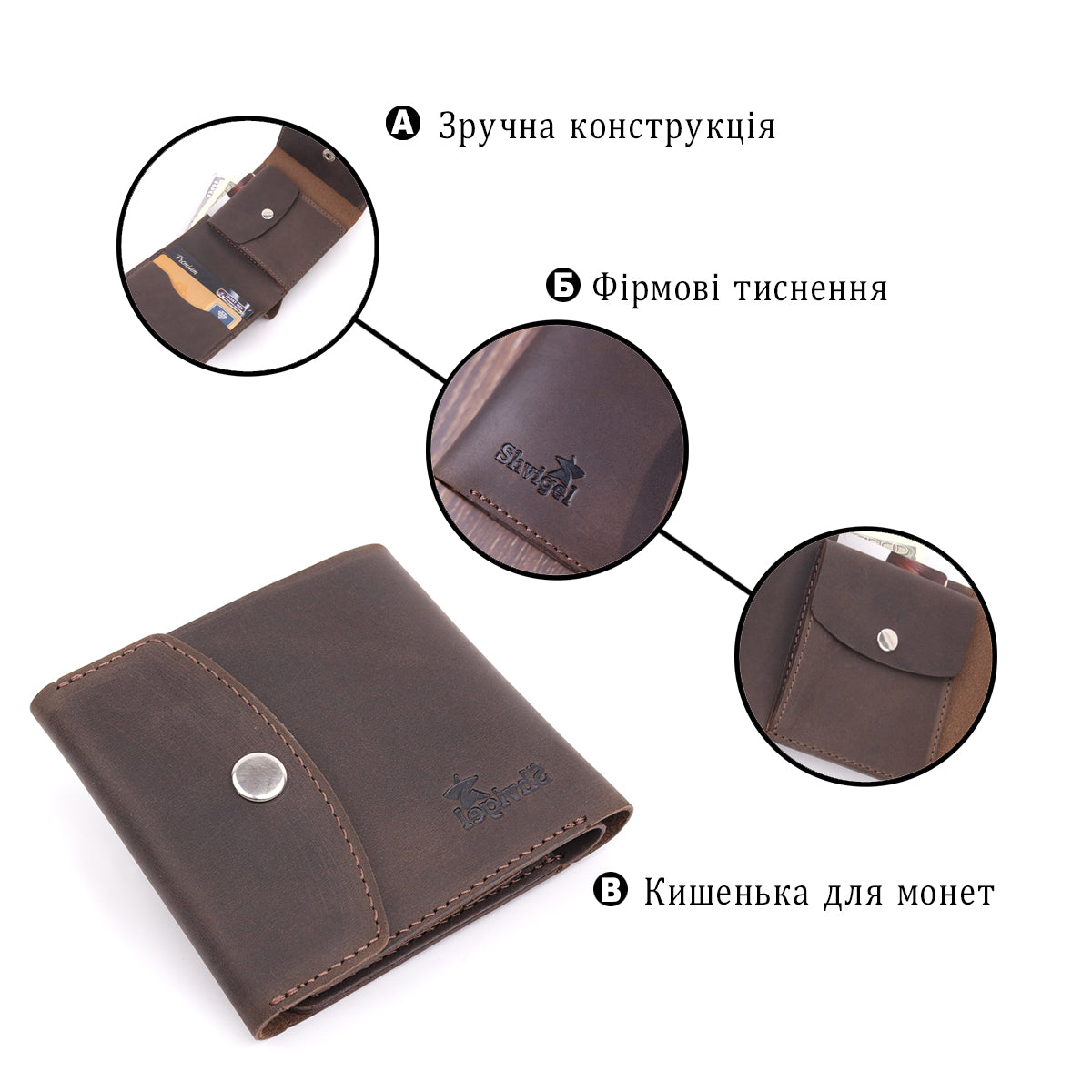 Vintage Leather Wallet SHVIGEL 16613 Brown Handmade from Natural Leather